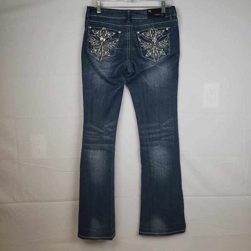 Grace In La Womens Boot Cut Jeans Blue Stretch Embellished Stone Wash Denim 9